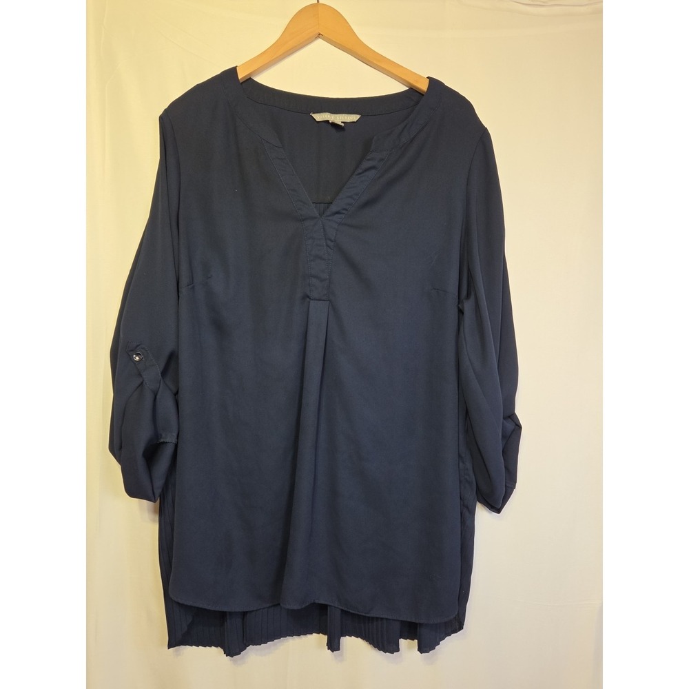 Valerie Stevens 2X Navy Blue High Low Blouse Pleated Back  Roll‎ Tab Sleeve